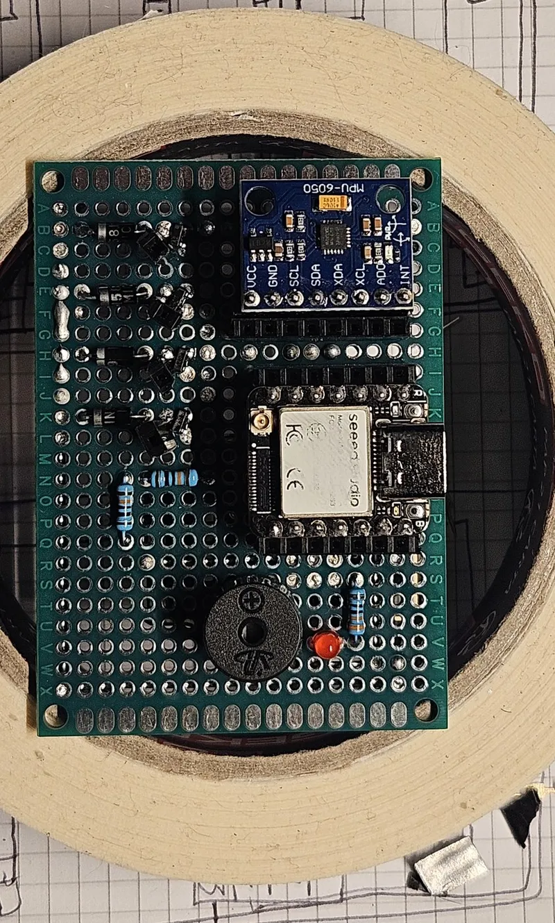 First flight-controller iteration hand-soldered on perfboard — a Seeed XIAO ESP32-S3 with an MPU-6050 IMU and a buzzer — before committing the design to a custom PCB.